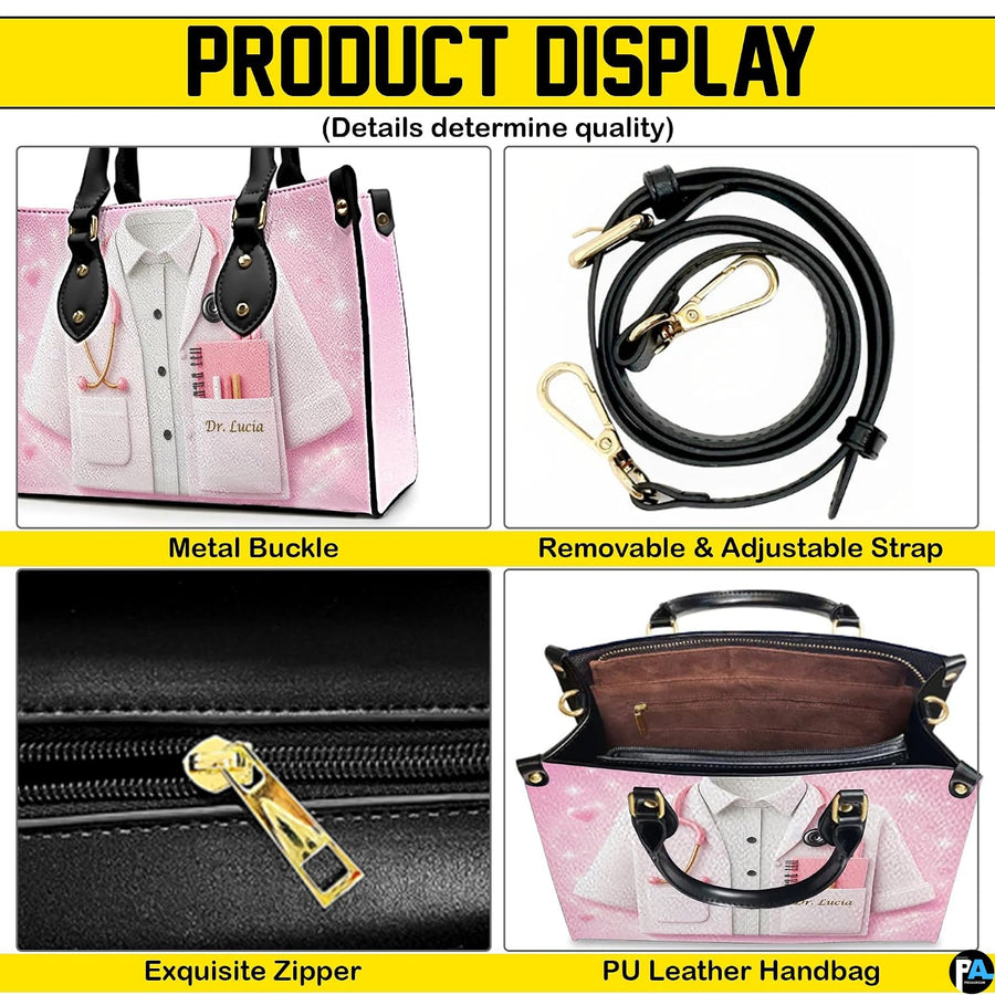 Product display collage showcasing pink doctor handbag exterior and interior views