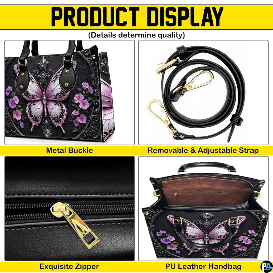 Bottom view of gothic butterfly handbag showing protective metal feet studs and smooth base wrap