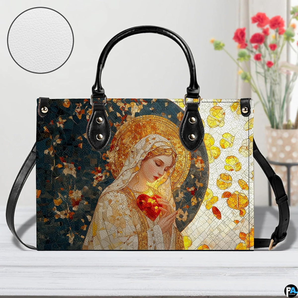 Front view of stained glass Virgin Mary handbag in studio staging with floral background.