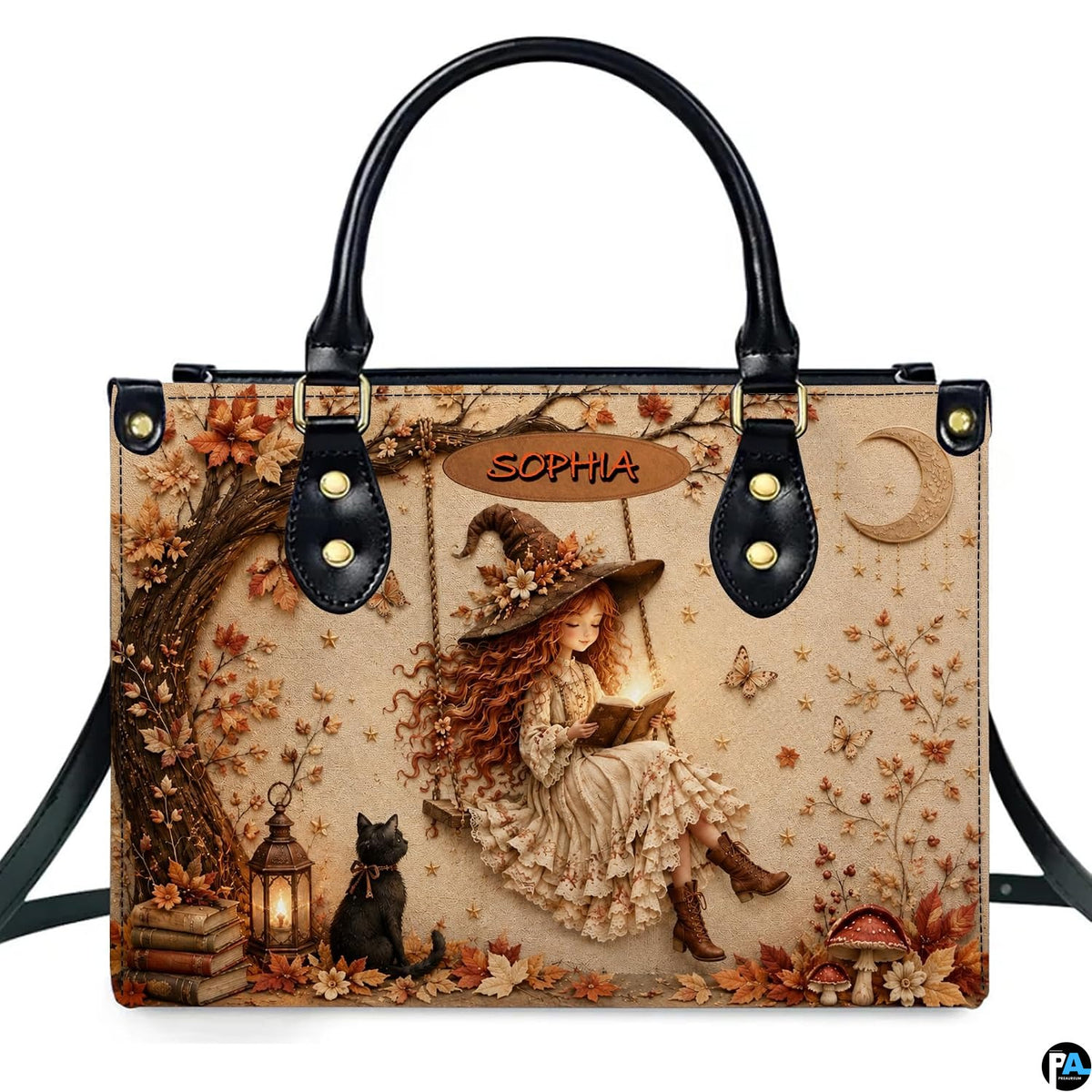 Front view of autumn satchel showing red-haired witch reading glowing book on tree swing with black cat and lantern.