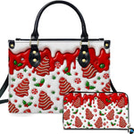 Holiday handbag and matching wallet featuring red drip glaze, gingerbread trees, and peppermint candy swirls.