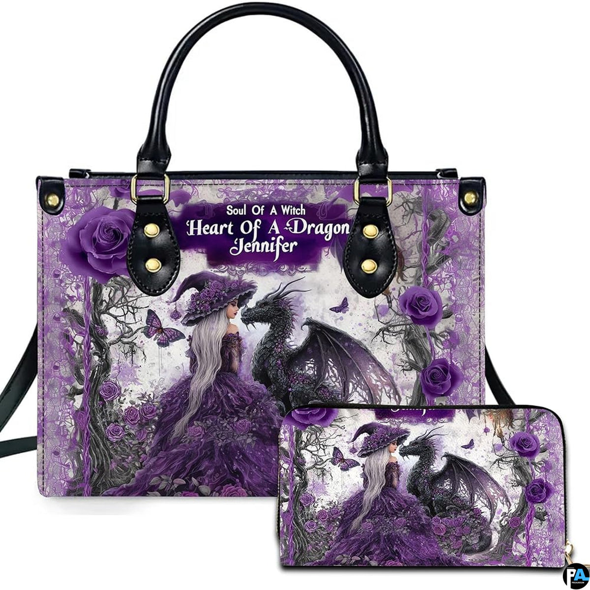 Personalized Purple Witch and Dragon Art Handbag