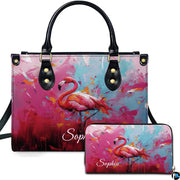 Paint splatter pink flamingo handbag and matching wallet set with energetic abstract brushstrokes.