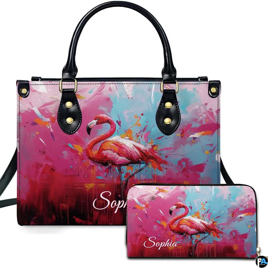 Paint splatter pink flamingo handbag and matching wallet set with energetic abstract brushstrokes.