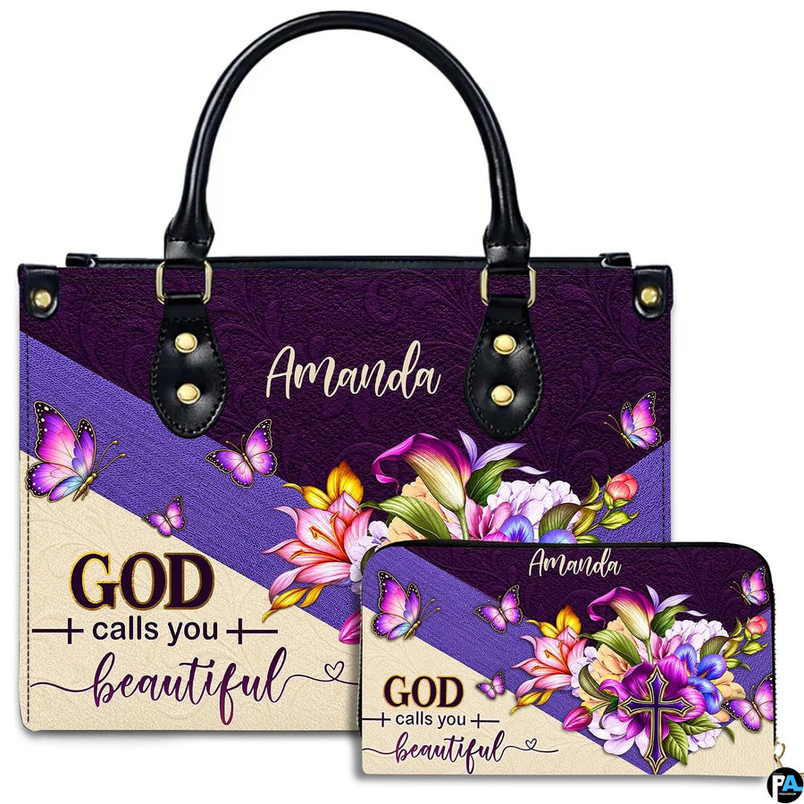 Christian floral butterfly scripture handbag and matching wallet set on white background.