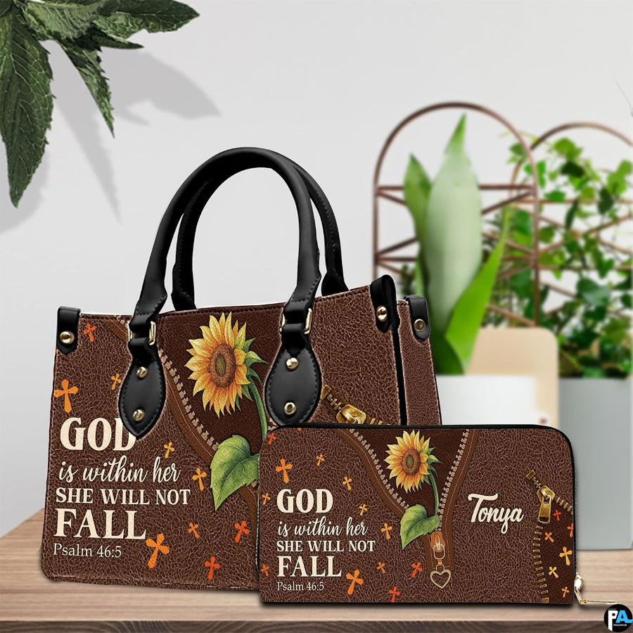 Detailed view of blooming yellow sunflower and green leaf emerging from decorative track on handbag.