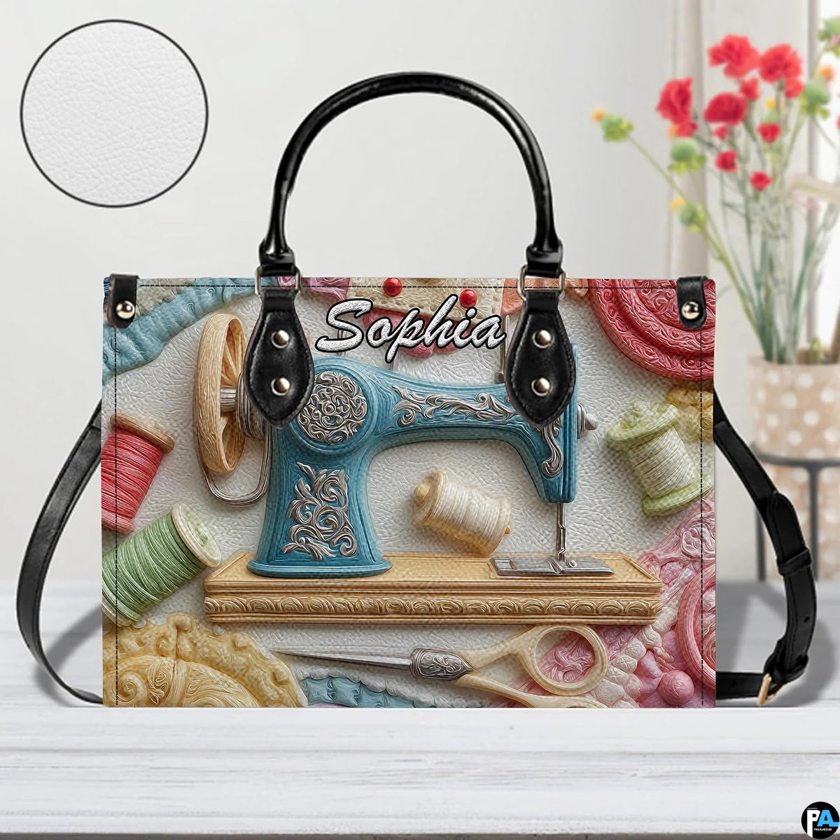 Direct frontal perspective highlighting vintage blue sewing machine artwork and script lettering.