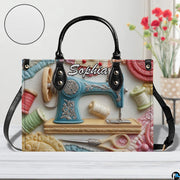 Direct frontal perspective highlighting vintage blue sewing machine artwork and script lettering.