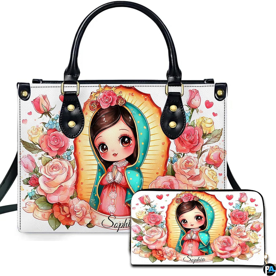 Front view of chibi Guadalupe handbag and matching wallet featuring cute anime Mary artwork and roses.