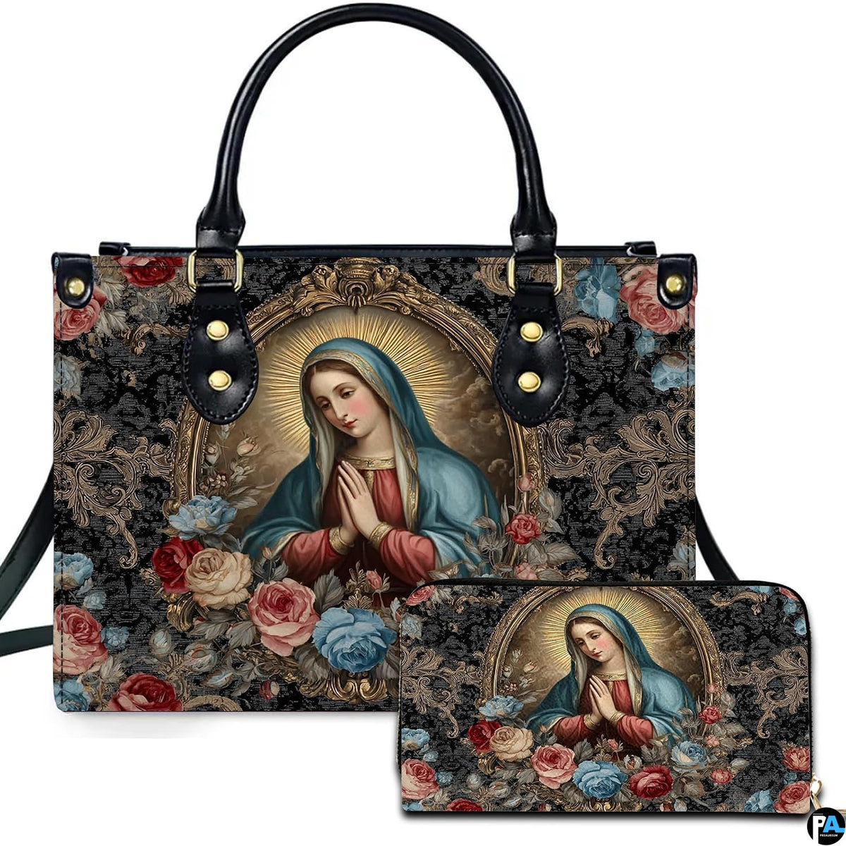 Praying Virgin Mary in gilded baroque oval frame and multi-colored roses on handbag and matching wallet.