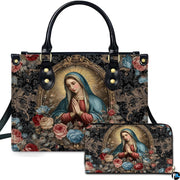 Praying Virgin Mary in gilded baroque oval frame and multi-colored roses on handbag and matching wallet.