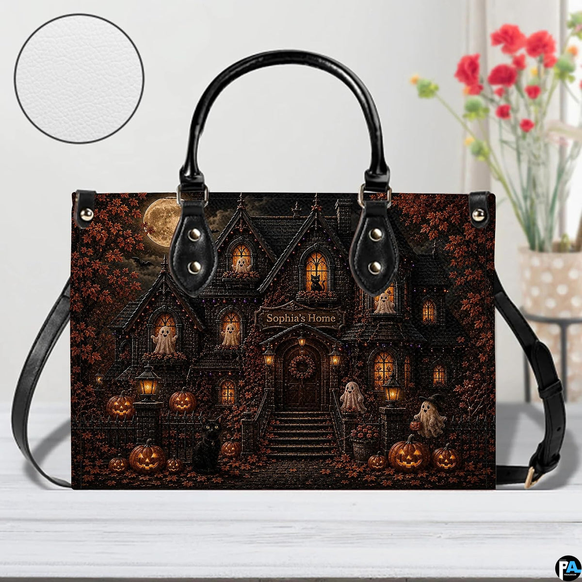 Front view of haunted house artwork accessory highlighting textured surface finish, gothic gables, and ghost figures.