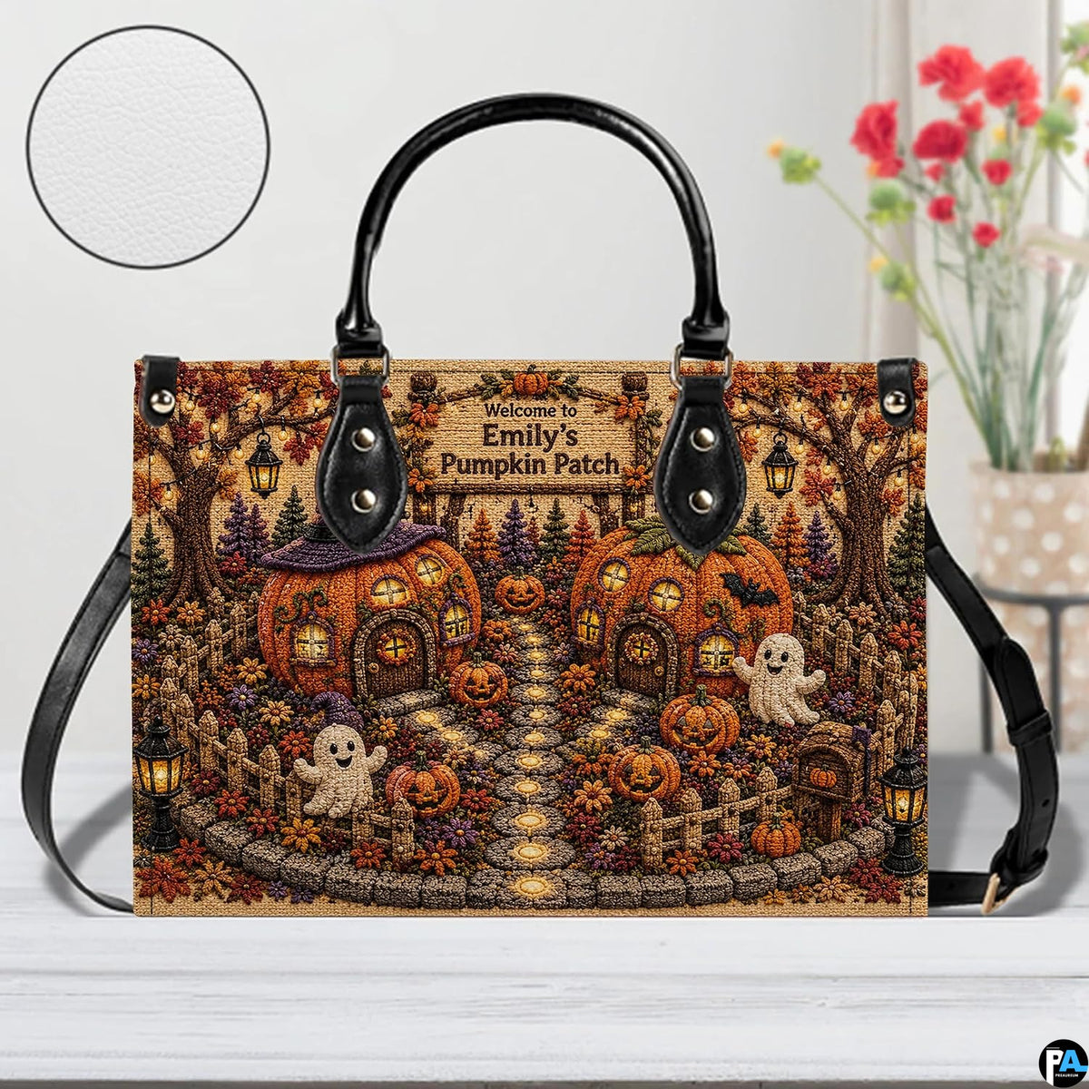 Front view of the friendly ghost art accessory highlighting the cheerful spirits and garden path.