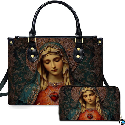 Immaculate Heart of Mary in teal mantle with radiant heart on matching handbag and wallet set