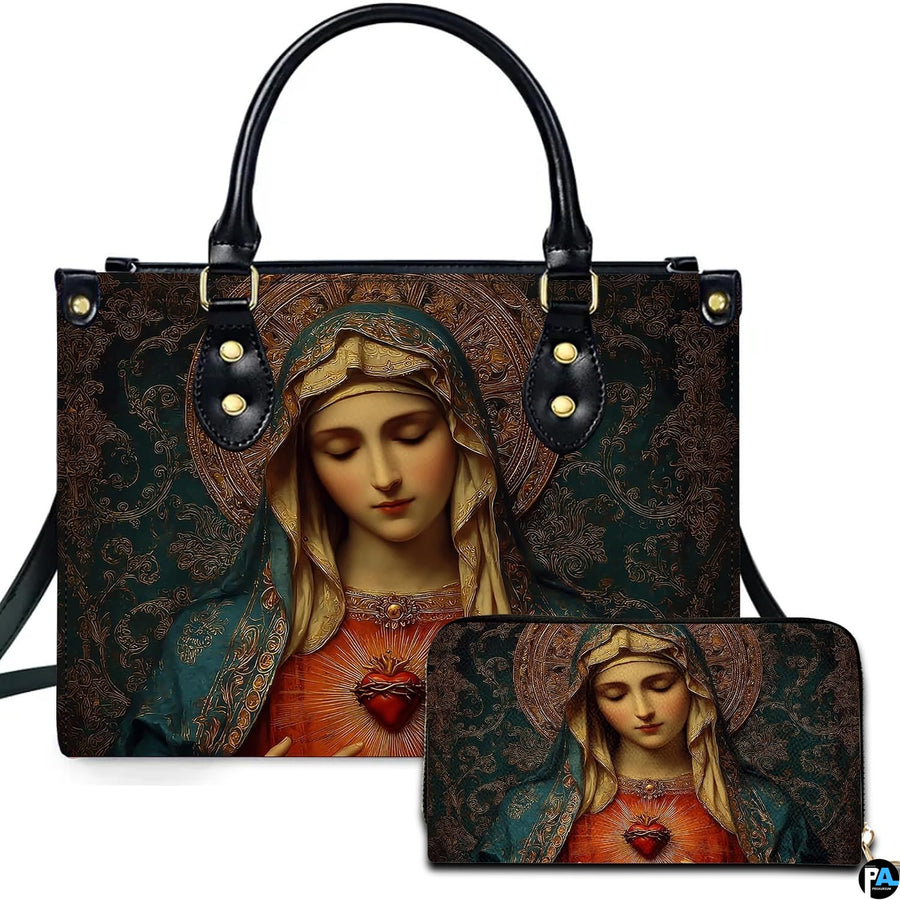 Immaculate Heart of Mary in teal mantle with radiant heart on matching handbag and wallet set