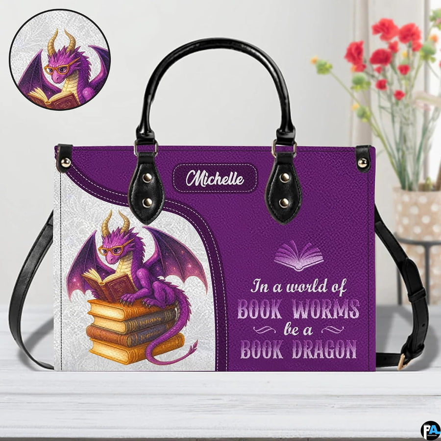 Purple dragon handbag on plain background with circular inset material texture detail swatch.