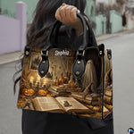 Close-up perspective detailing the witch room art candelabra, glowing pumpkins, and potion bottles.