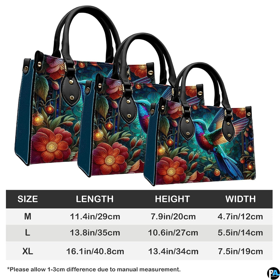 Complete set presentation of luminous hummingbird handbag and matching wallet on neutral backdrop.