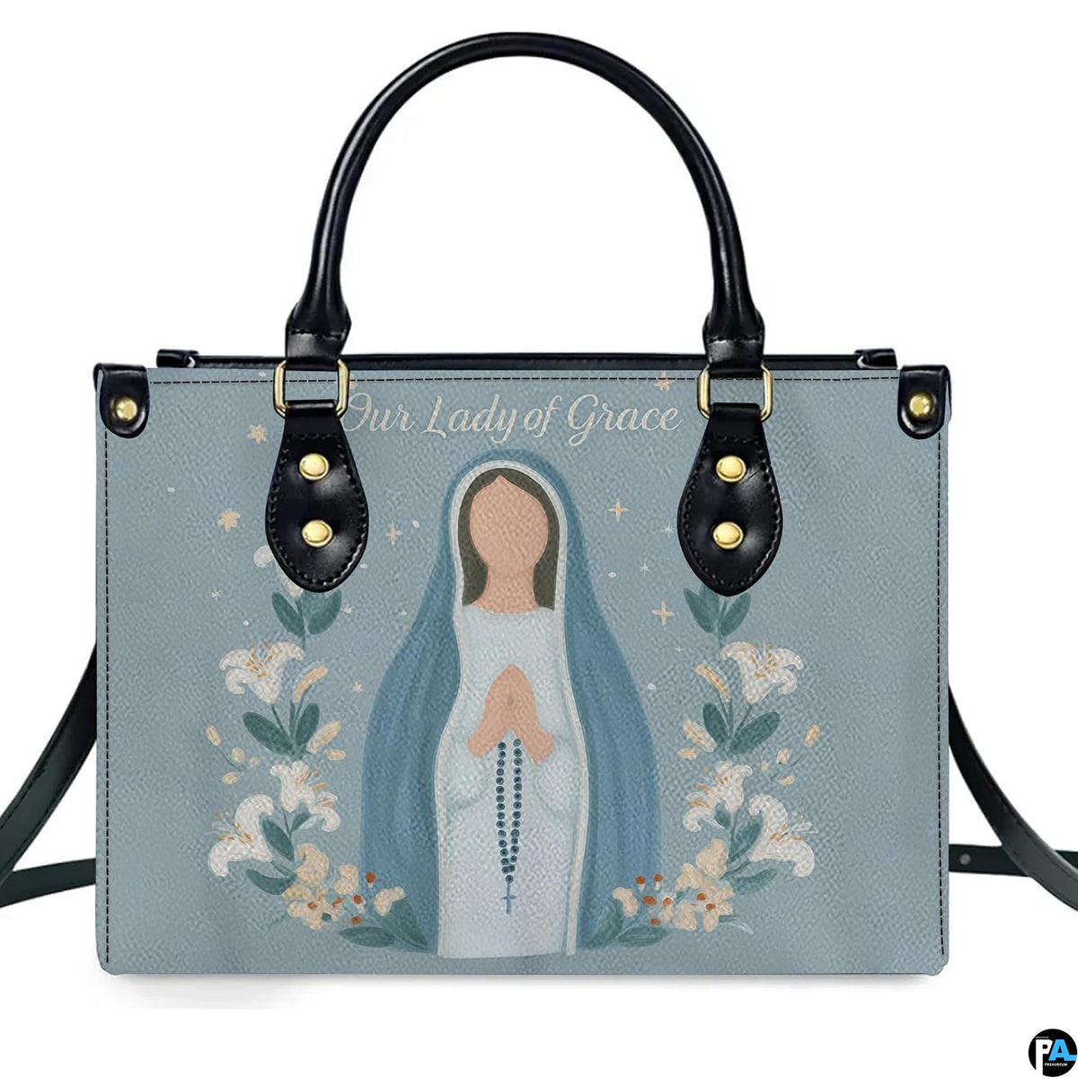 Front view of minimalist praying Virgin Mary watercolor handbag on white background