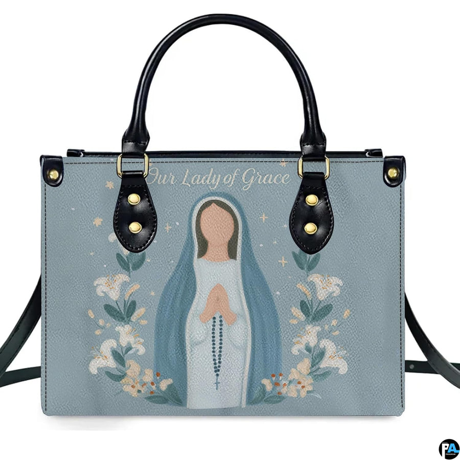 Front view of minimalist praying Virgin Mary watercolor handbag on white background