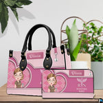 Chibi nurse handbag and matching wallet set placed on wooden tabletop beside leafy greenery.