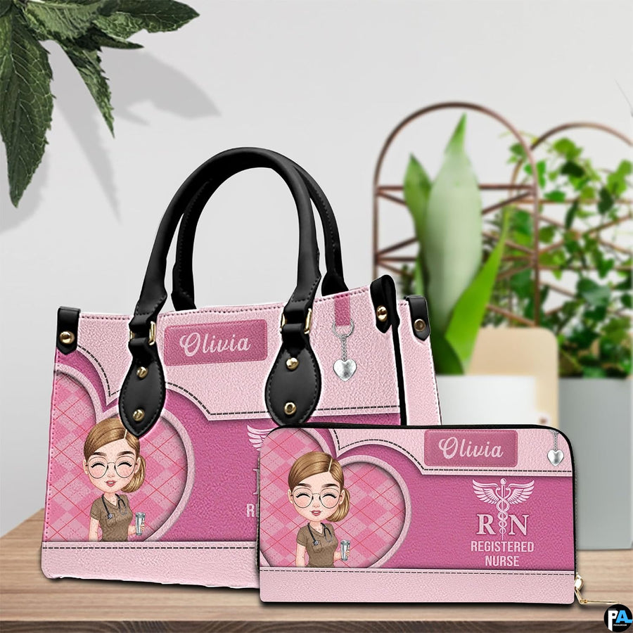 Chibi nurse handbag and matching wallet set placed on wooden tabletop beside leafy greenery.
