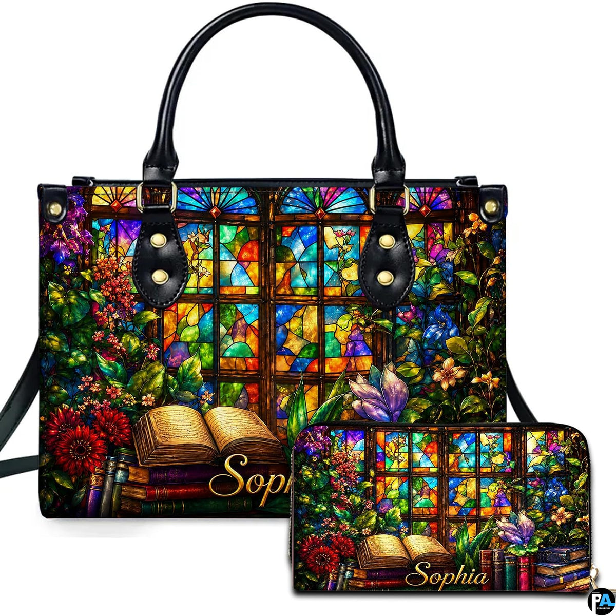 Front view of accessory set featuring stained glass window, climbing floral vines, and open book resting on book stack