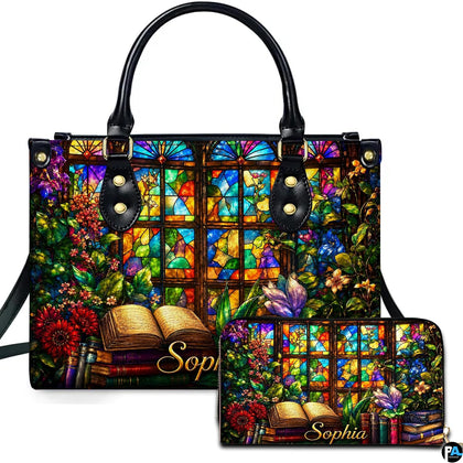 Front view of accessory set featuring stained glass window, climbing floral vines, and open book resting on book stack