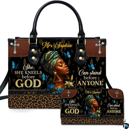 Faith portrait handbag with emerald headwrap, butterflies, cross emblems, and matching wallet.