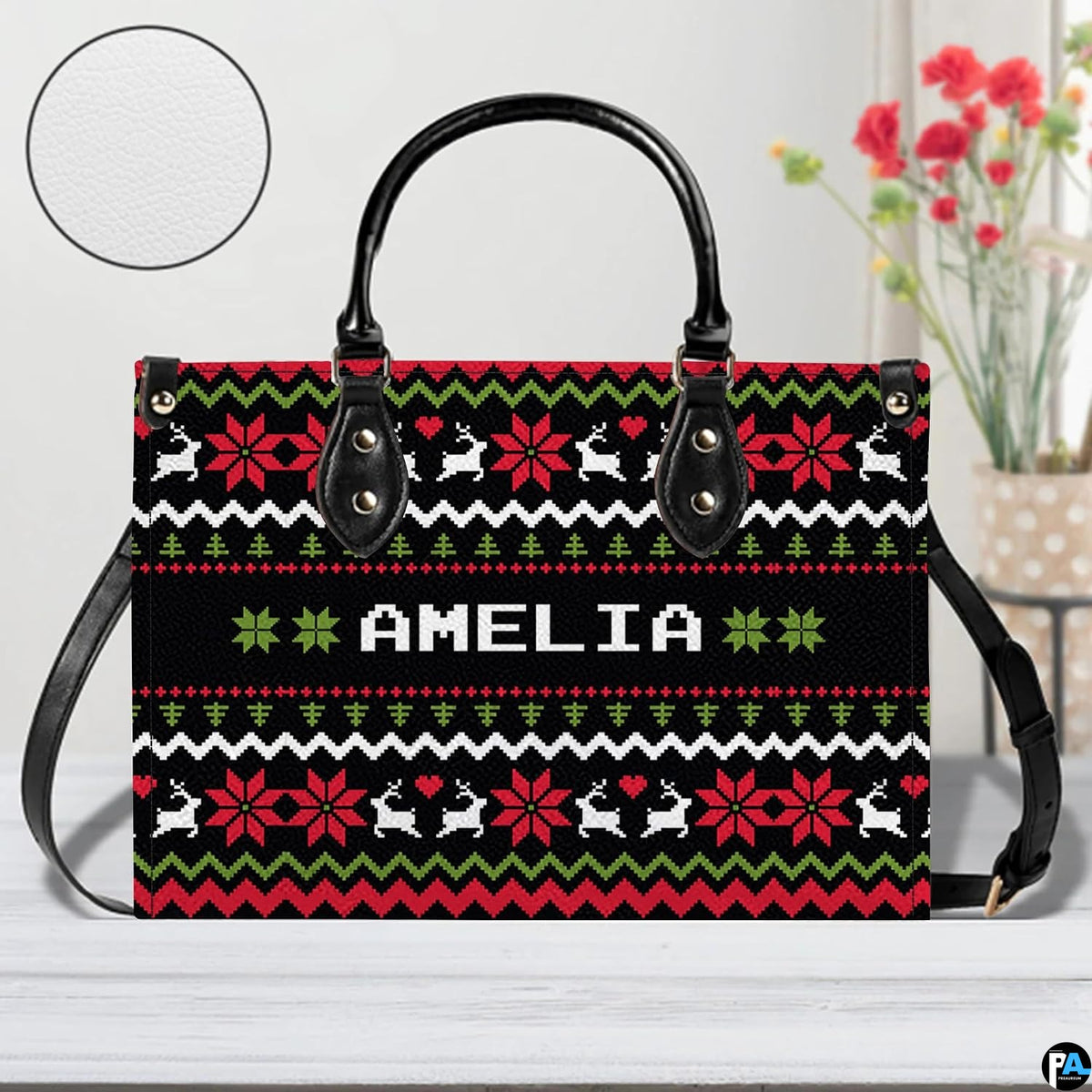 Lifestyle presentation of ugly sweater purse and matching wallet set for festive styling.