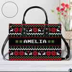 Lifestyle presentation of ugly sweater purse and matching wallet set for festive styling.