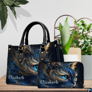 Indoor tabletop arrangement showing cosmic blue cat artwork and companion accessory beside potted plants.