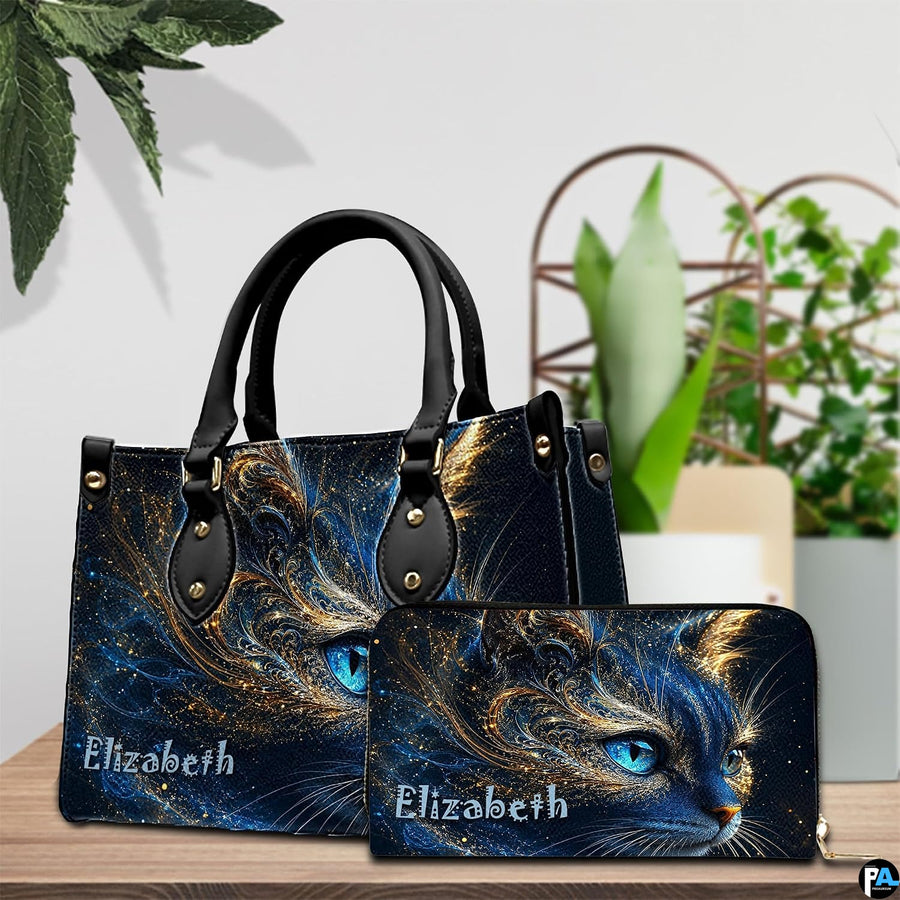Indoor tabletop arrangement showing cosmic blue cat artwork and companion accessory beside potted plants.