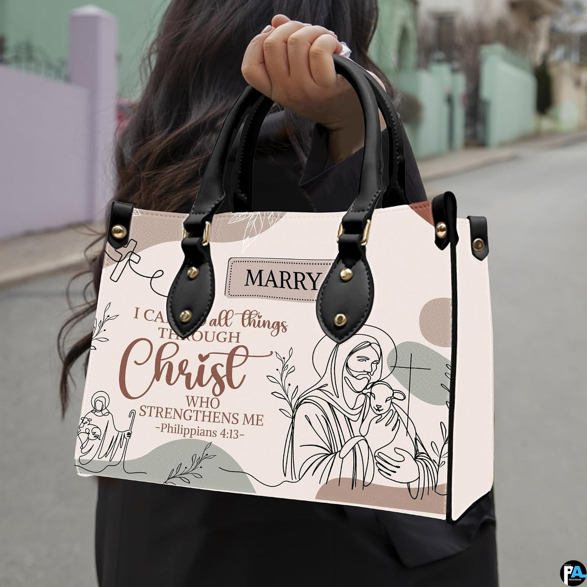 Christian Jesus line art handbag displayed alone on white background.