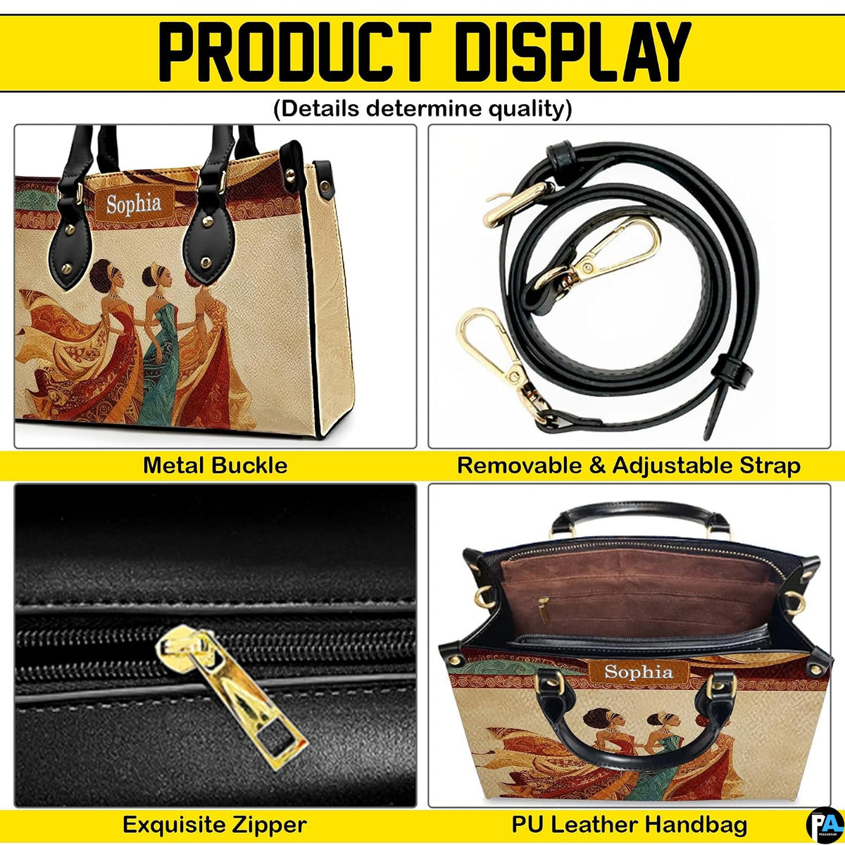 Detailed four-panel feature overview highlighting metallic hardware, zipper pull, strap, and interior.