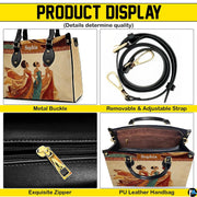 Detailed four-panel feature overview highlighting metallic hardware, zipper pull, strap, and interior.