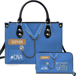 Front view of handbag featuring royal blue medical scrub uniform design with draped stethoscope graphic
