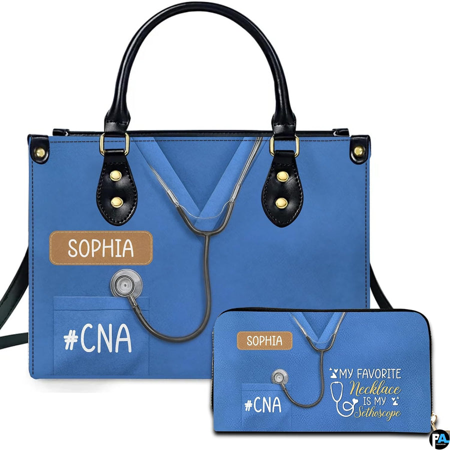 Front view of handbag featuring royal blue medical scrub uniform design with draped stethoscope graphic