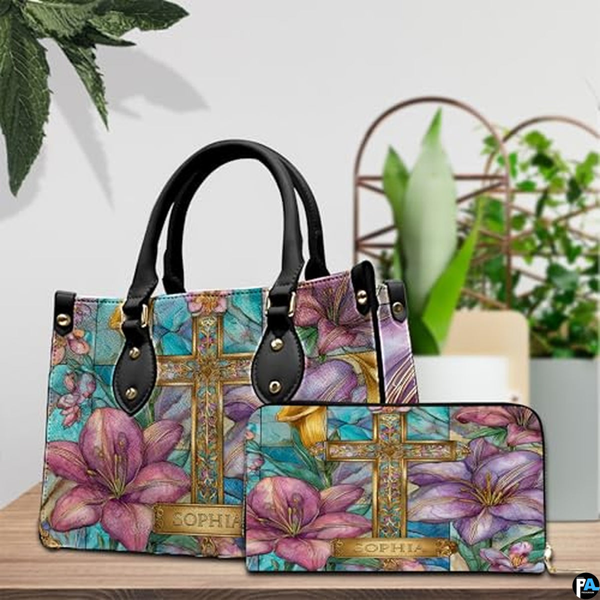Custom Stained Glass Lilies Cross Handbag for Christian Women Gift