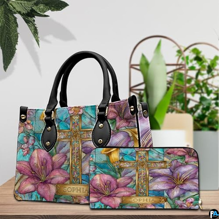 Custom Stained Glass Lilies Cross Handbag for Christian Women Gift