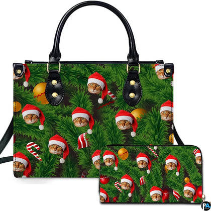 Christmas pine and Santa hat cat holiday handbag and matching wallet featuring candy canes and ornaments