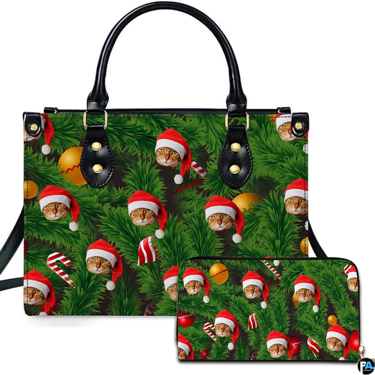Christmas pine and Santa hat cat holiday handbag and matching wallet featuring candy canes and ornaments