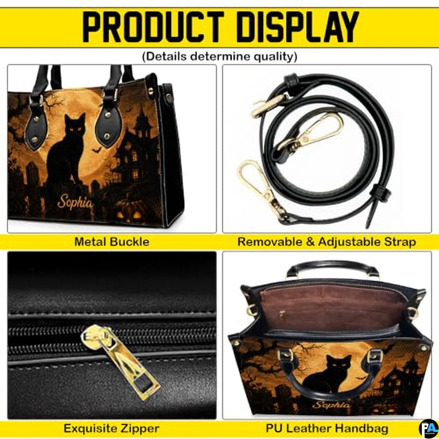 Black Cat Leather Bag – Vintage Cat Art Handbag, Stylish Animal-Themed Purse, Unique Gift for Cat Lovers