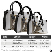 Measurement chart with book page dress handbags in three sizes
