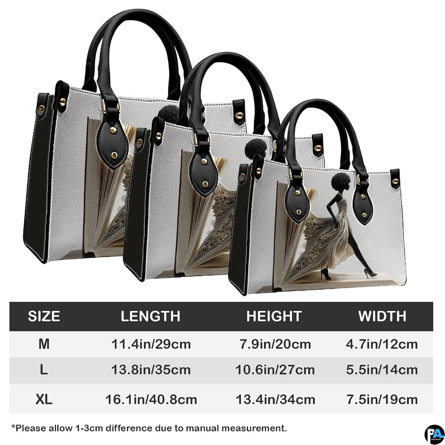 Measurement chart with book page dress handbags in three sizes