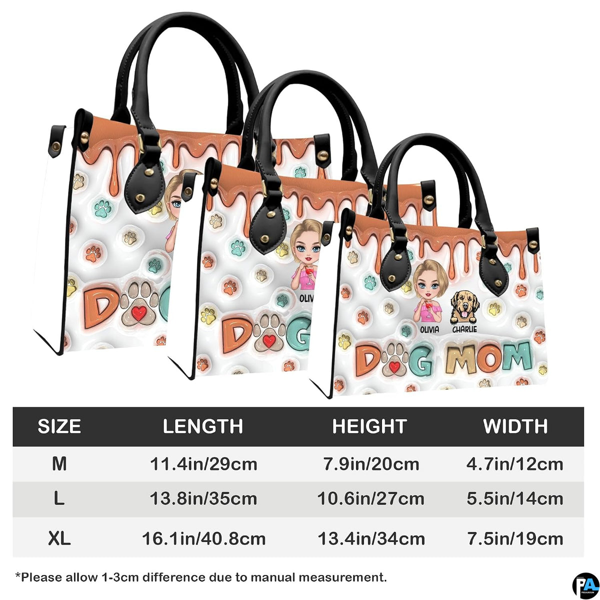Complete set presentation of 3D cartoon dog lover handbag and wallet set on white backdrop.