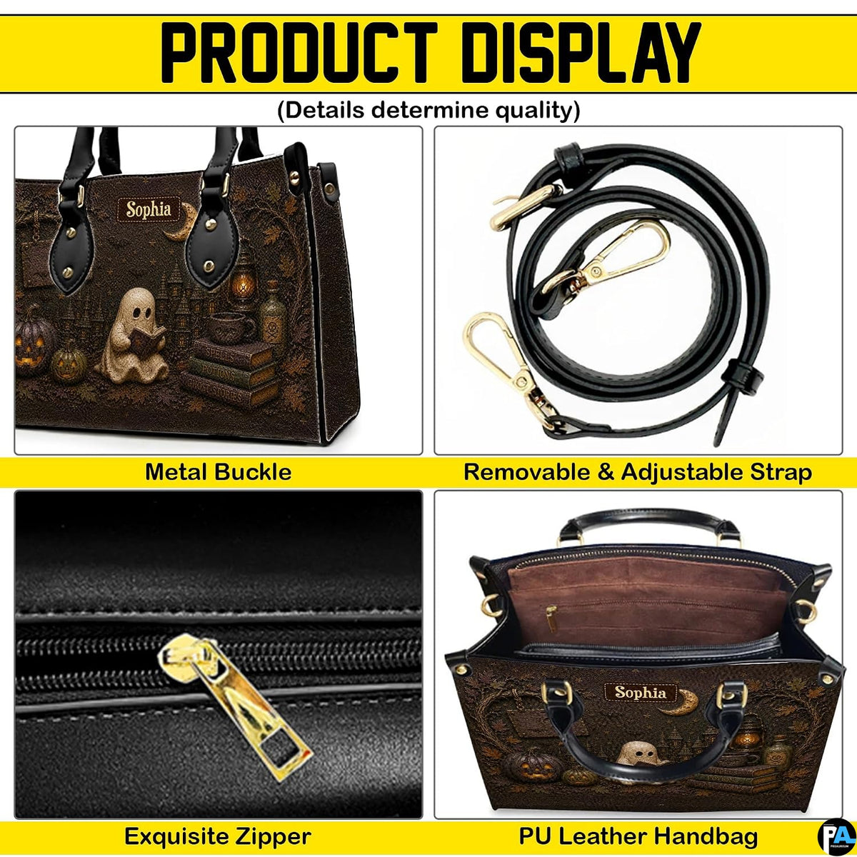 Four paneled composition illustrating decorative views of hardware accents, fantasy motifs, and interior view.