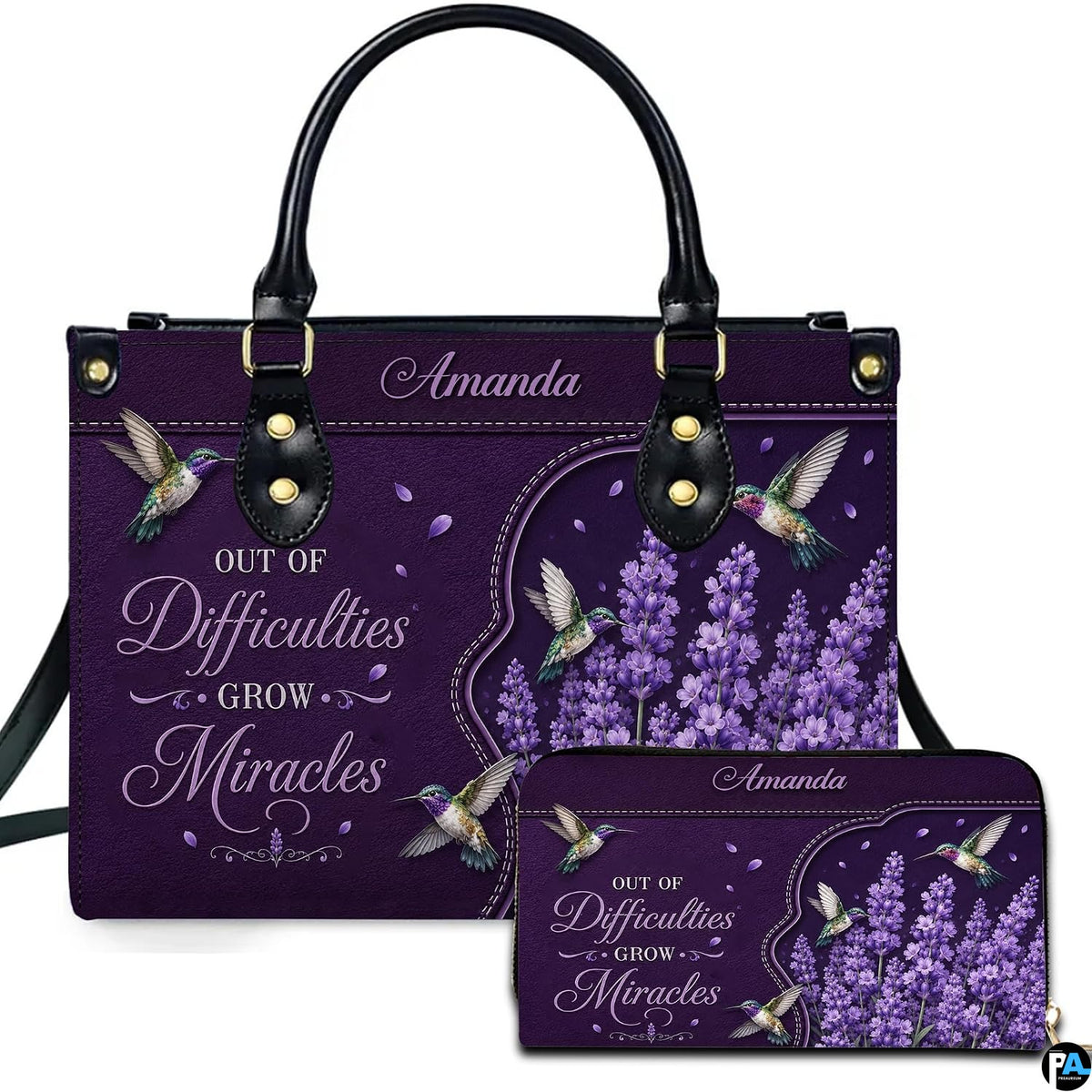 Purple hummingbird and lavender handbag and matching wallet set on violet texture