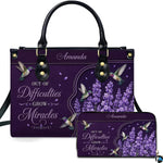 Purple hummingbird and lavender handbag and matching wallet set on violet texture