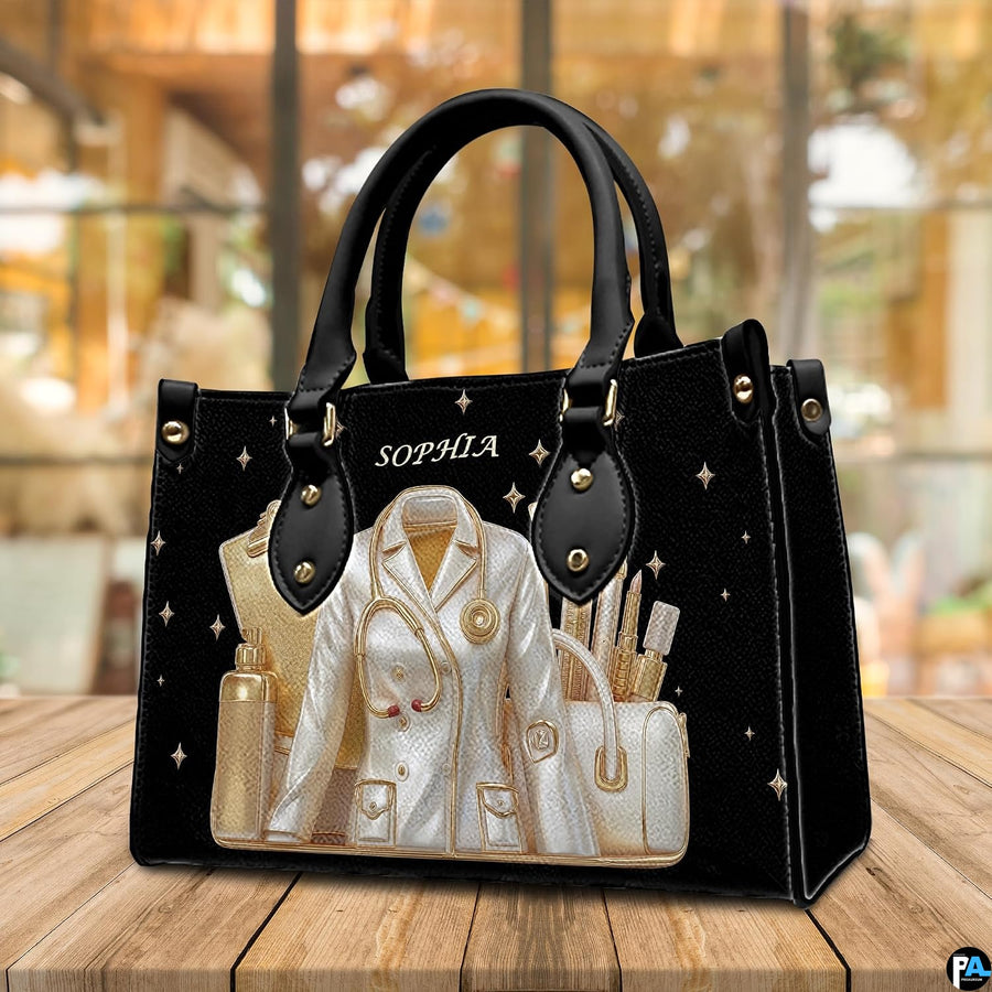Back view of black doctor handbag showing smooth solid black exterior surface